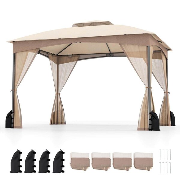 Costway 10 X 12 FT Patio Gazebo Pergola w/Netting Walls & 4 Sandbags Soft Top Double Roof Canopy Sun Shade