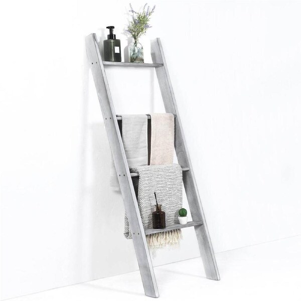 Costway 4-Tier Wall Leaning Blanket Ladder Wood Blankets Holder Rack Bathroom Living Grey