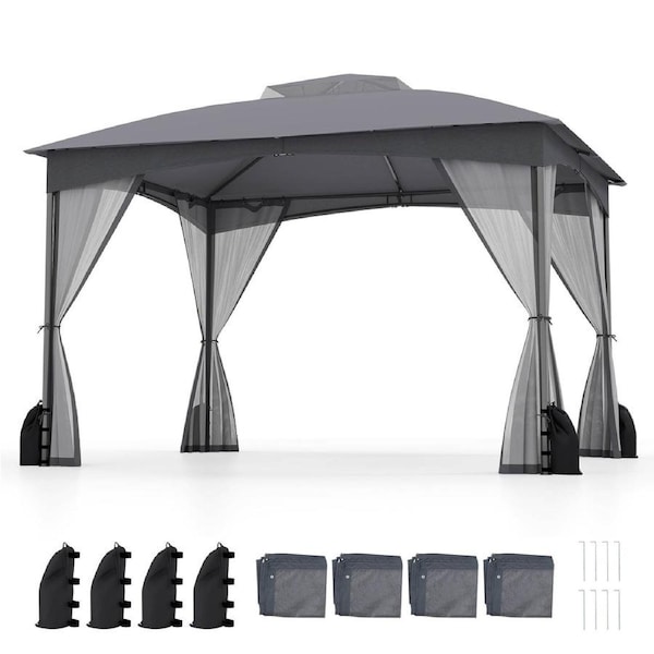 Costway 10 X 12 FT Patio Gazebo Pergola w/Netting Walls & 4 Sandbags Soft Top Double Roof Canopy Sun Shade Grey