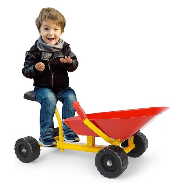 Costway Ride-On Sand Dumper Outdoor Sandbox Toy w/Controllable Shovel 4 Wheels Wheelbarrow Beach Toy Red