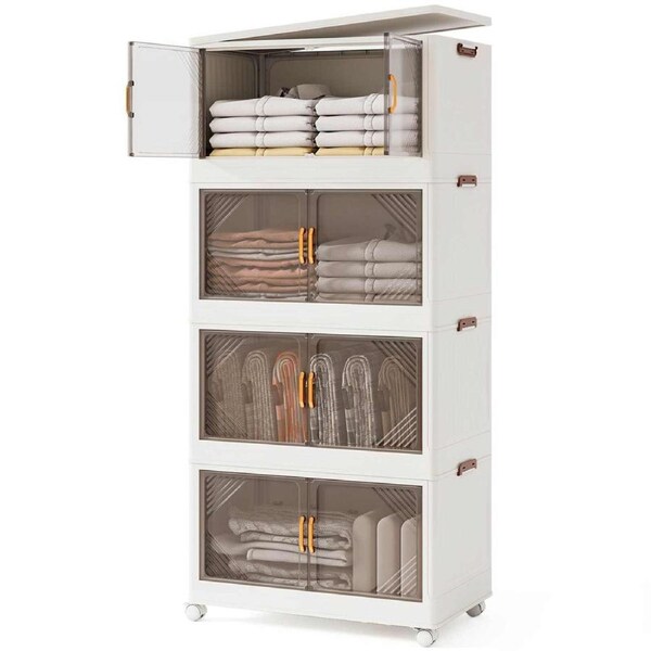 Costway 4-Tier 284L Stackable Storage Bins w/Lids Foldable Plastic Box on Wheels Toy Organizer Home