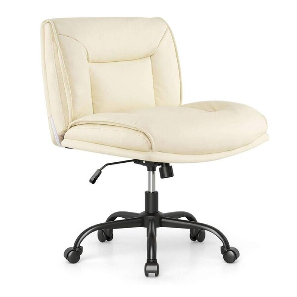 Costway Cross Legged Chair w/Wheels Office PU Leather Armless Desk Chair 360° Swivel Chair