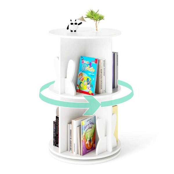 Costway Rotating Bookshelf Cute 2-tier Bookcase w/Bunny Bookends & 8 Compartments 360° Spinning Floor Book Stand