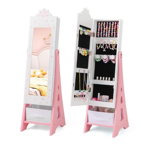 Costway Jewelry Armoire Cabinet Free-Standing Full Length Mirror w/2 Tilt Angles & Fabric Drawer