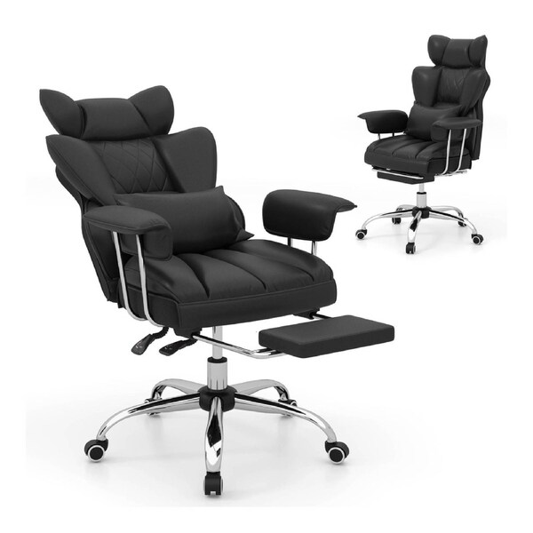 Costway 180 kg Big & Tall Office Chair Executive Desk Chair w/Retractable Footrest Black