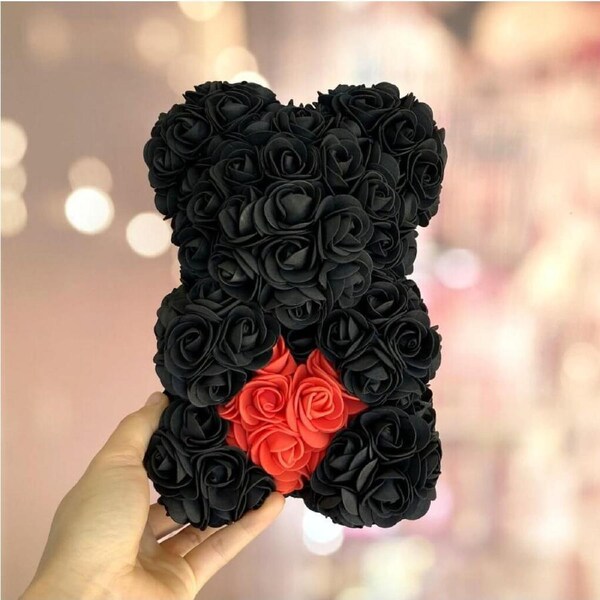 Luxury Everlasting Black Rose Bear Red Heart w/ Gift Box