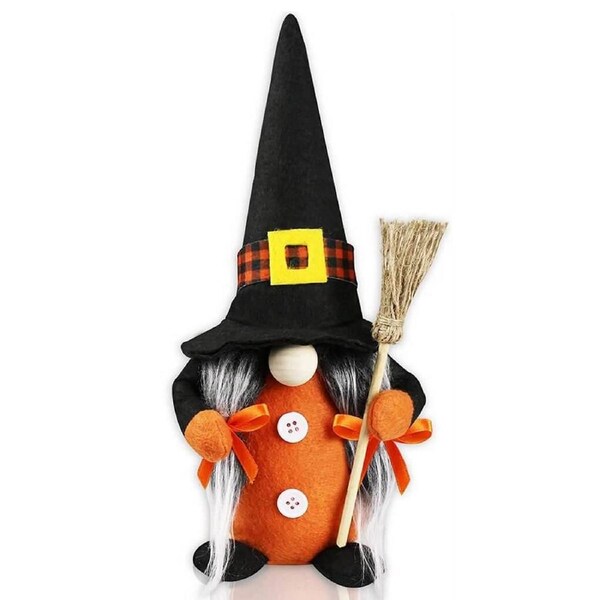 Halloween Witch Gnome Holding Broom Shelf Sitter