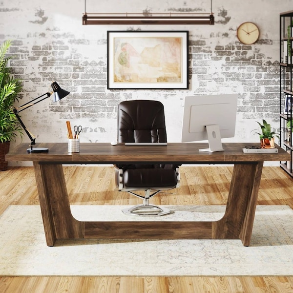 OAKORY 180cm Home Office Desk with Solid Pedestal Base Rustic Brown Finish
