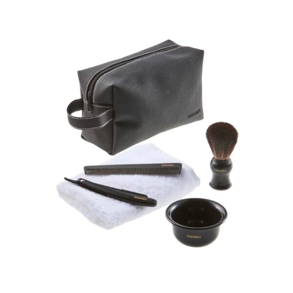 Transform-U 6-Piece Shave Set With Straight Razor, Nylon Shaving Brush, Bowl, Comb, Towel & Toiletry Bag