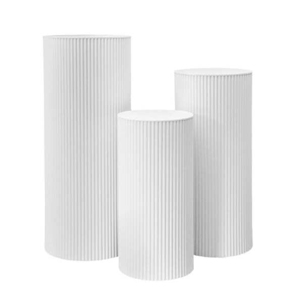 3Pcs Wedding Plinth Ripple Metal Cylinder Pedestal Round Pillars Decoration Table for Party Birthday Wedding Décor Cake Flower Display 60/75/90cm White