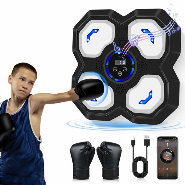 JOYBUY Boxing Machine Music Smart Bluetooth Trainer Wall Mounted LED Electronic Workout Focus Training Gloves Home Office Gym Fitness Black