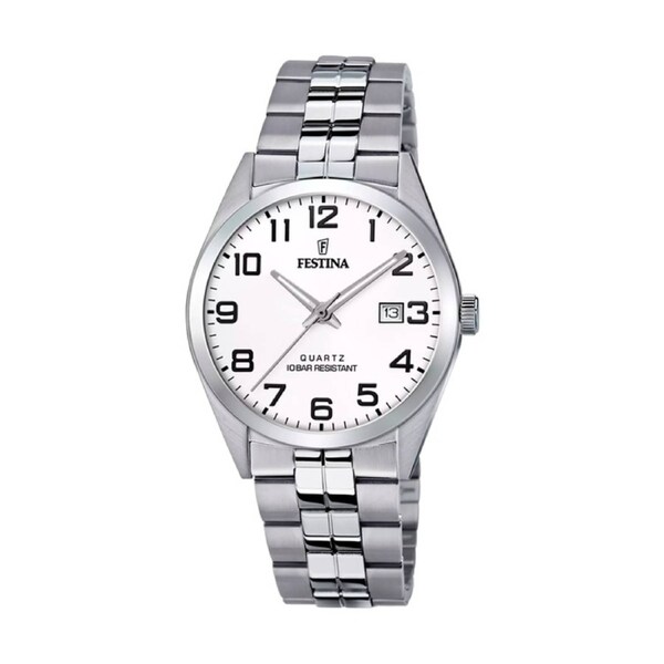Festina Classics Quartz F20437-1 Mens Watch Stainless Steel White Dial Luminous Hands Date Display 100M