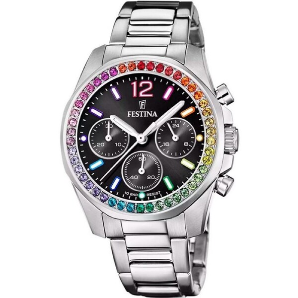 Festina Rainbow Chronograph Quartz F20606-3 Ladies Watch Crystal Accents Stainless Steel Black Dial 100M