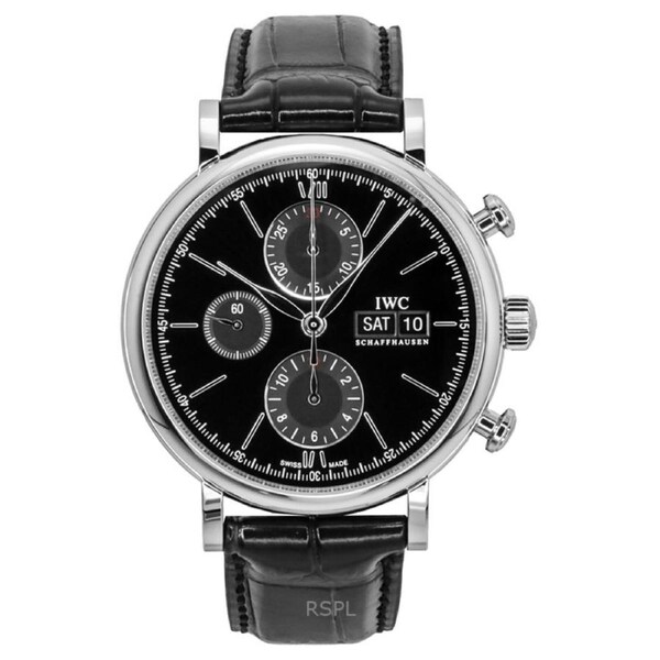 IWC Portofino Chronograph Swiss Made 25 Jewels Automatic IW391029 Mens Watch Leather Strap Black Dial