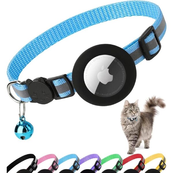 Airtag Cat Collar Breakaway, Reflective Kitten Collar with Apple Air Tag Holder and Bell for Girl Boy Cats, 0.4 Inches in Width and Lightweight Blue