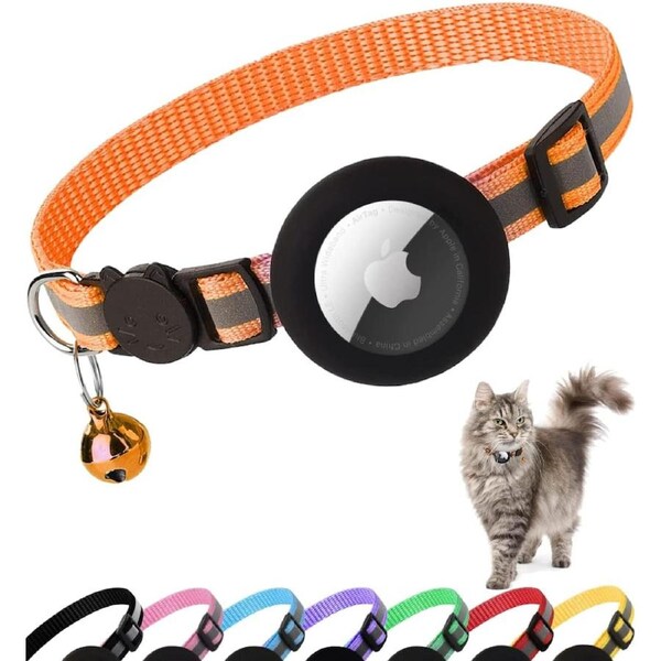 Airtag Cat Collar Breakaway, Reflective Kitten Collar with Apple Air Tag Holder and Bell for Girl Boy Cats, 0.4 Inches in Width and Lightweight Orange