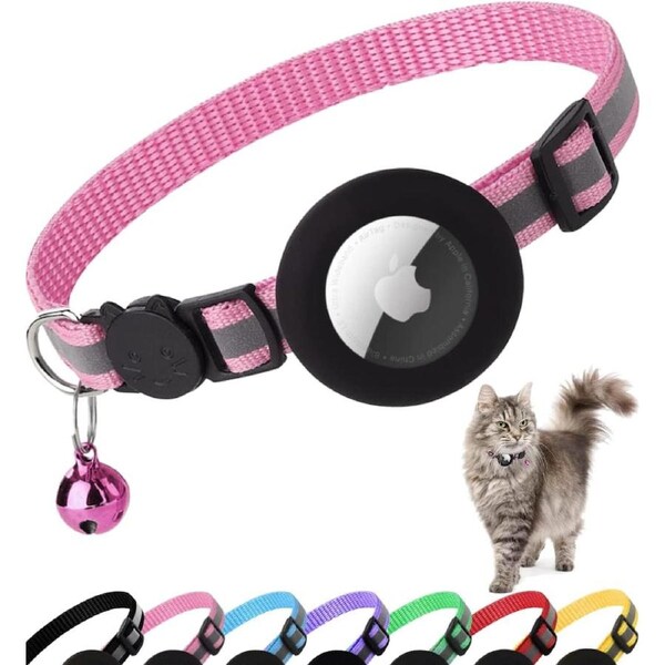 Airtag Cat Collar Breakaway, Reflective Kitten Collar with Apple Air Tag Holder and Bell for Girl Boy Cats, 0.4 Inches in Width and Lightweight Pink