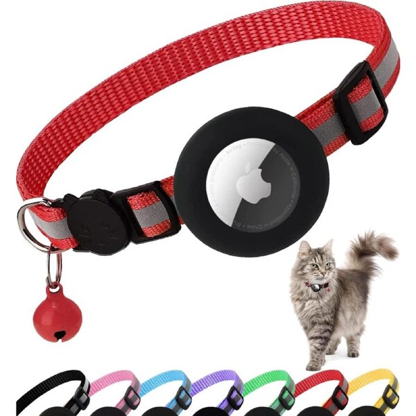Airtag Cat Collar Breakaway, Reflective Kitten Collar with Apple Air Tag Holder and Bell for Girl Boy Cats, 0.4 Inches in Width and Lightweight Red