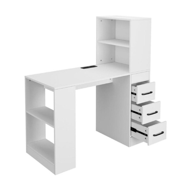 Computer Desk Bookcase 3in1 Study Writing Laptop Table Shelving Office Work Bookshelf Storage Drawers Corner Cabinets USB Power Strip Furniture White