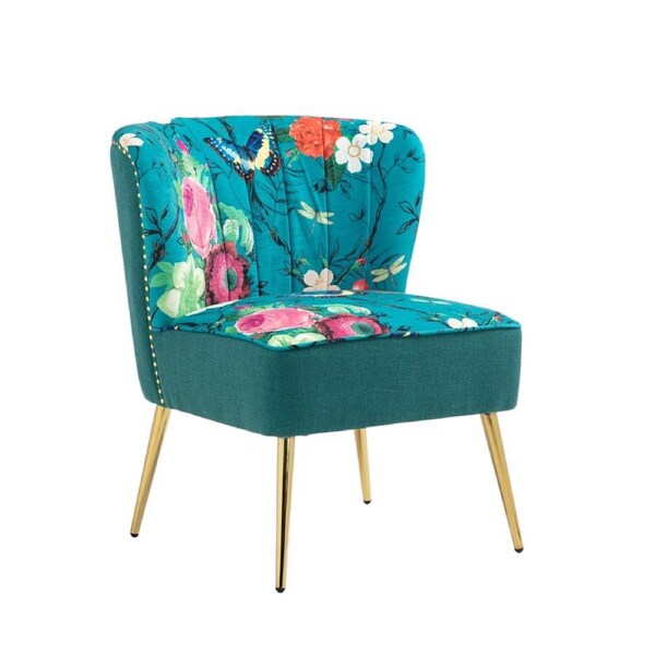 Blue Floral Accent Chair Gold Legs Gold Studs Gold Handle, Polyester Linen, 79cm tall