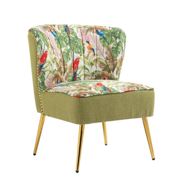 Green Floral Accent Chair Gold Legs Gold Studs Gold Handle, Polyester linen, 79cm tall