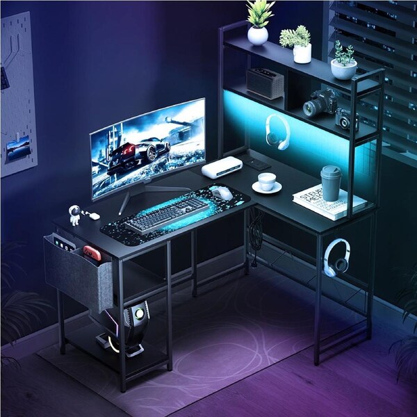 Levede L Shaped Gaming Desk with LED Lights & Power Outlets - Black