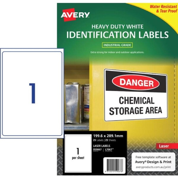 1UP AVERY L7067 White Heavy Duty Labels 199.6 x 289.1 mm 25 Labels/25 Sheets