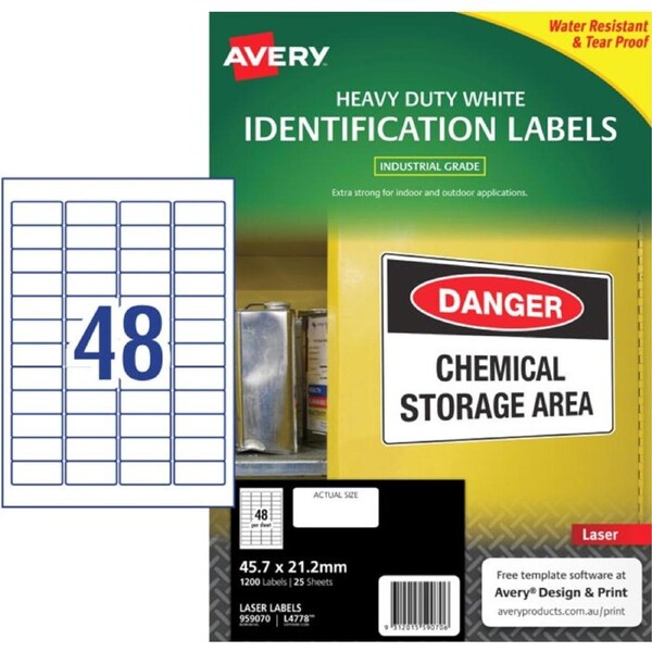 48UP AVERY White Heavy Duty Labels 45.7 x 21.2 mm 1200 Labels/25 Sheets L4778