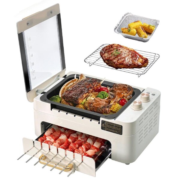 Indoor BBQ Kabob Skewers Grill Smokeless Auto 360 Rotating Electric Barbecue Skewers Rotisserie 3 In 1 Indoor Electric Tabletop Grill Removable Lid