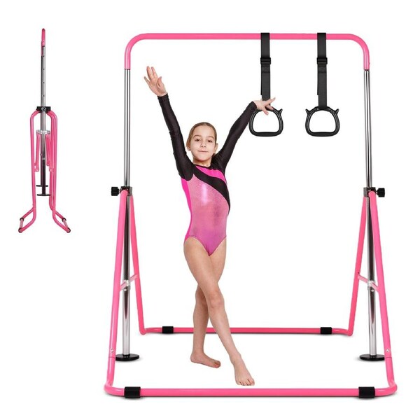 Advwin Kids Gymnastics Bar, Foldable Horizontal Bars, Adjustable Monkey Kip Bar for Girl & Boy Home Training, Pink