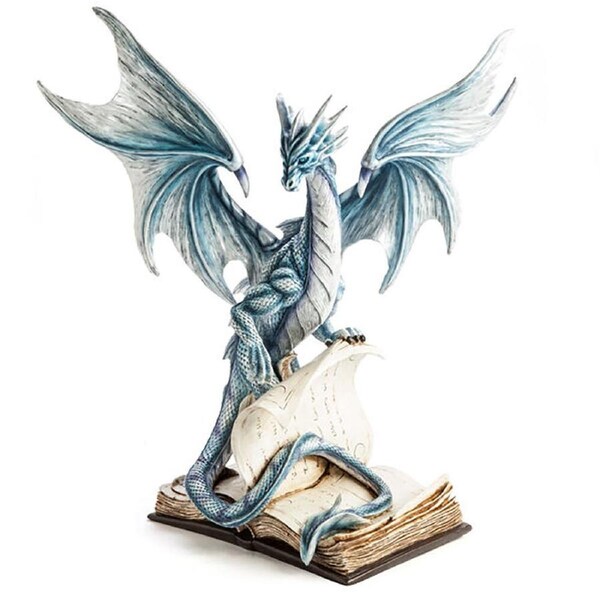 Mystical Worlds Large Blue Dragon Figurine w/ Ancient Book Decor 27x41cm