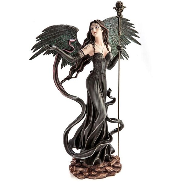 Mystical Worlds Large Angel Figurine Dark w/ Staff Gothic Guardian 42x59cm