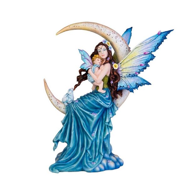 Mystical Worlds Moon Fairy w/ Child Figurine Ornament Decor 22x29cm Blue