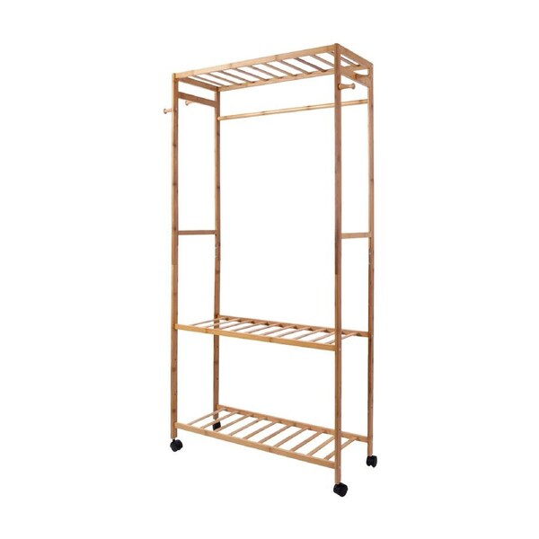 Wooden Clothes Rail with Shelves & Wheels – Open Wardrobe Rack Stand