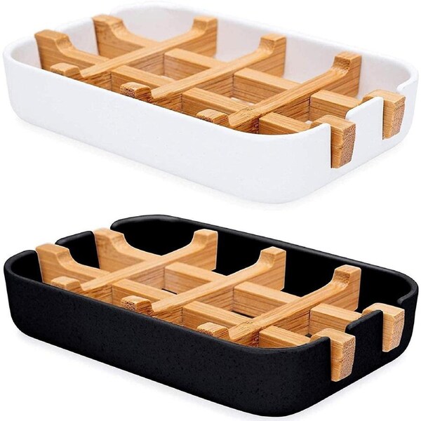 Anti-Mildew Natural Bamboo Soap Dish, Eco-Friendly Antibacterial Draining Soap Dish, Black/White, 2
