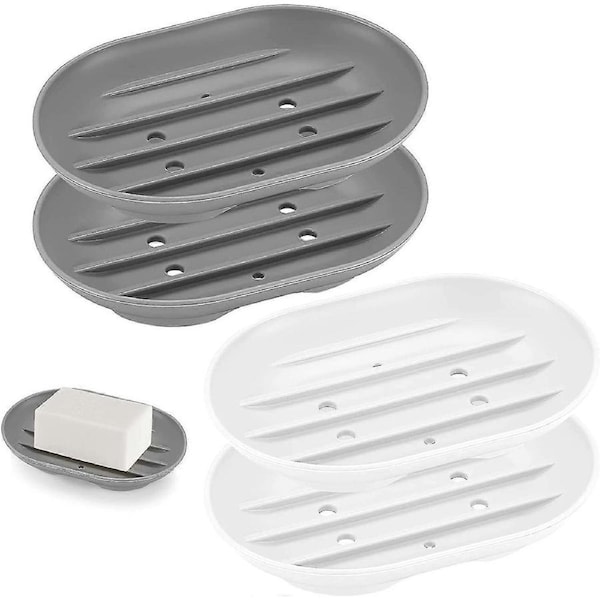 4 Pieces Silicone Soap Dish, Soap Dish With Drain, Non-slip Soap Box Soap Holders For Shower/bathroom/kitchen - White/gray
