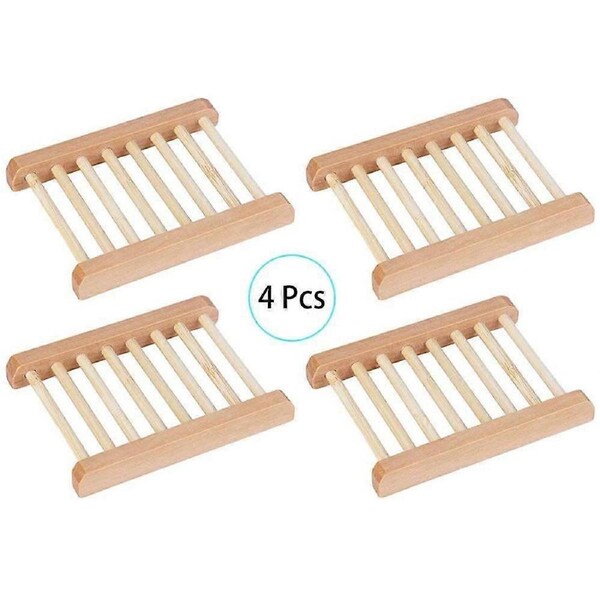 4 pcs Natural Wood Soap Dish Wooden Soap Dishes Soap Holder Rack Water Draining Soap Dish