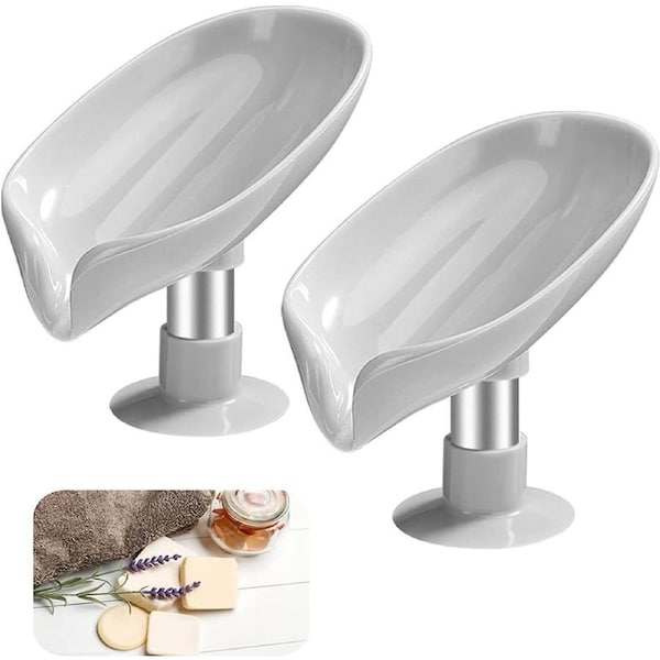 Suction Cup Soap Dish Pack of 2 Gray Leaf Shaped Soap Dish Plastic Sponge Soap Dish Soap Box with Dr