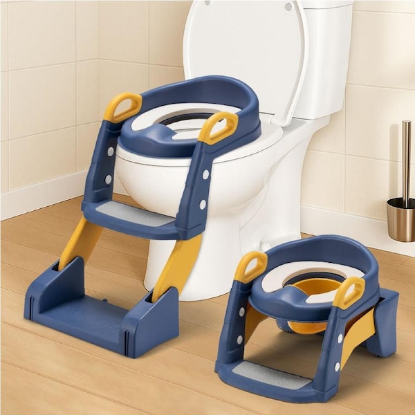Playpals Potty Trainer Toilet Seat Chair Kids Toddler with Ladder Blue