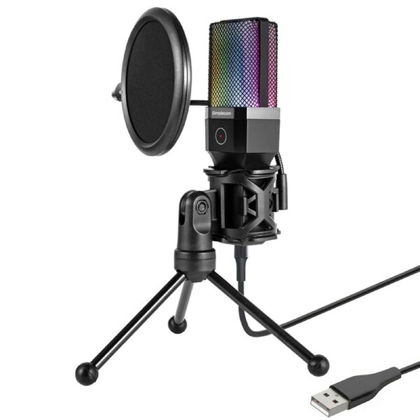 Simplecom USB Cardioid Condenser RGB Gaming Microphone with Tripod and Pop Filter (UM650)