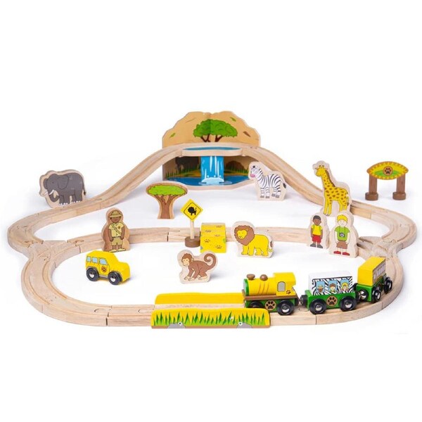 Bigjigs Rail Wooden Safari Train Set 38 Piece Wildlife Railway Play Set for Kids