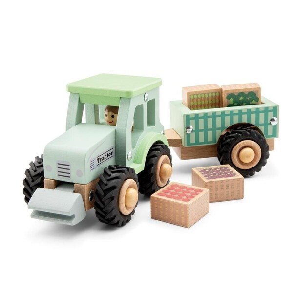 New Classic Toys Wooden Small Tractor with Trailer and Farm Crops Timber Farm Play Set.
