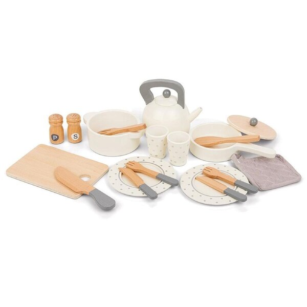 New Classic Toys 18-Piece Wooden Cooking and Dining Pretend Play Set - All-in-One Kitchen Role Play Toy