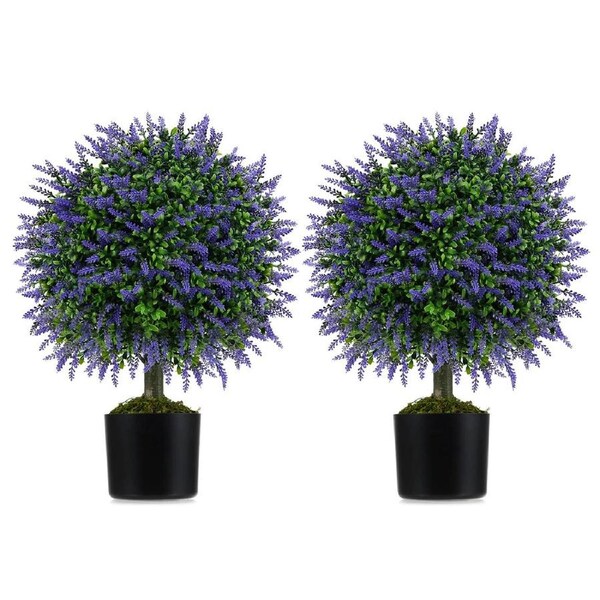 Giantex 2PCS Artificial Lavender Topiary Ball Trees 58cm Faux Boxwood Tree Sun-Protective Fake Shrub Plant