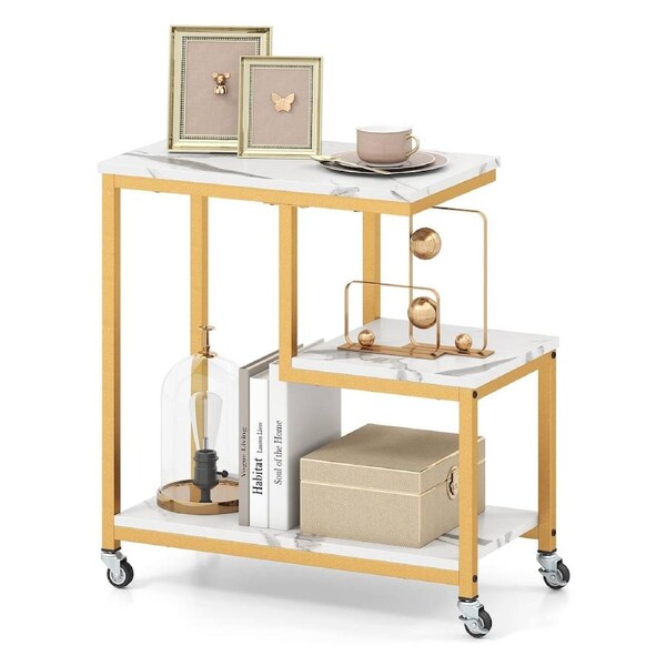 Giantex 3-Tier Mobile End Table G-shaped Side Table w/Lockable Casters Sofa Couch Side Table White
