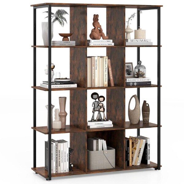 Giantex 12-Cube Bookcase Tall Industrial Bookshelf Display Rack Storage Open Shelf Rustic Brown