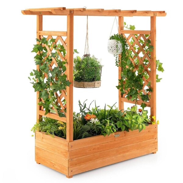 Costway Raised Garden Bed w/Top & Side Trellis Hanging Roof for Indoor Outdoor Climbing Plant Flower