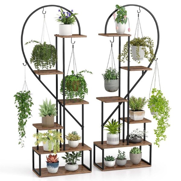 Costway 2x 6-Tier Metal Plant Stand Heart-Shape Flower Display Shelf w/12 Boards & Hook Planter Holder