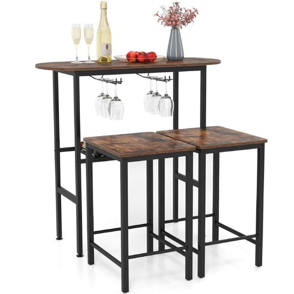 Costway 3PCS Dining Table Set & 2 Stools w/Storage Rack Glass Holder Footrest Metal Frame Pub Kitchen Furniture