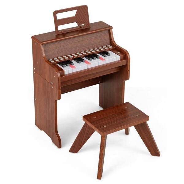 Costway 25 Keys Piano Keyboard w/Stool Music Stand & Teaching Mode Mini Digital Piano Toy Music Instrument Brown